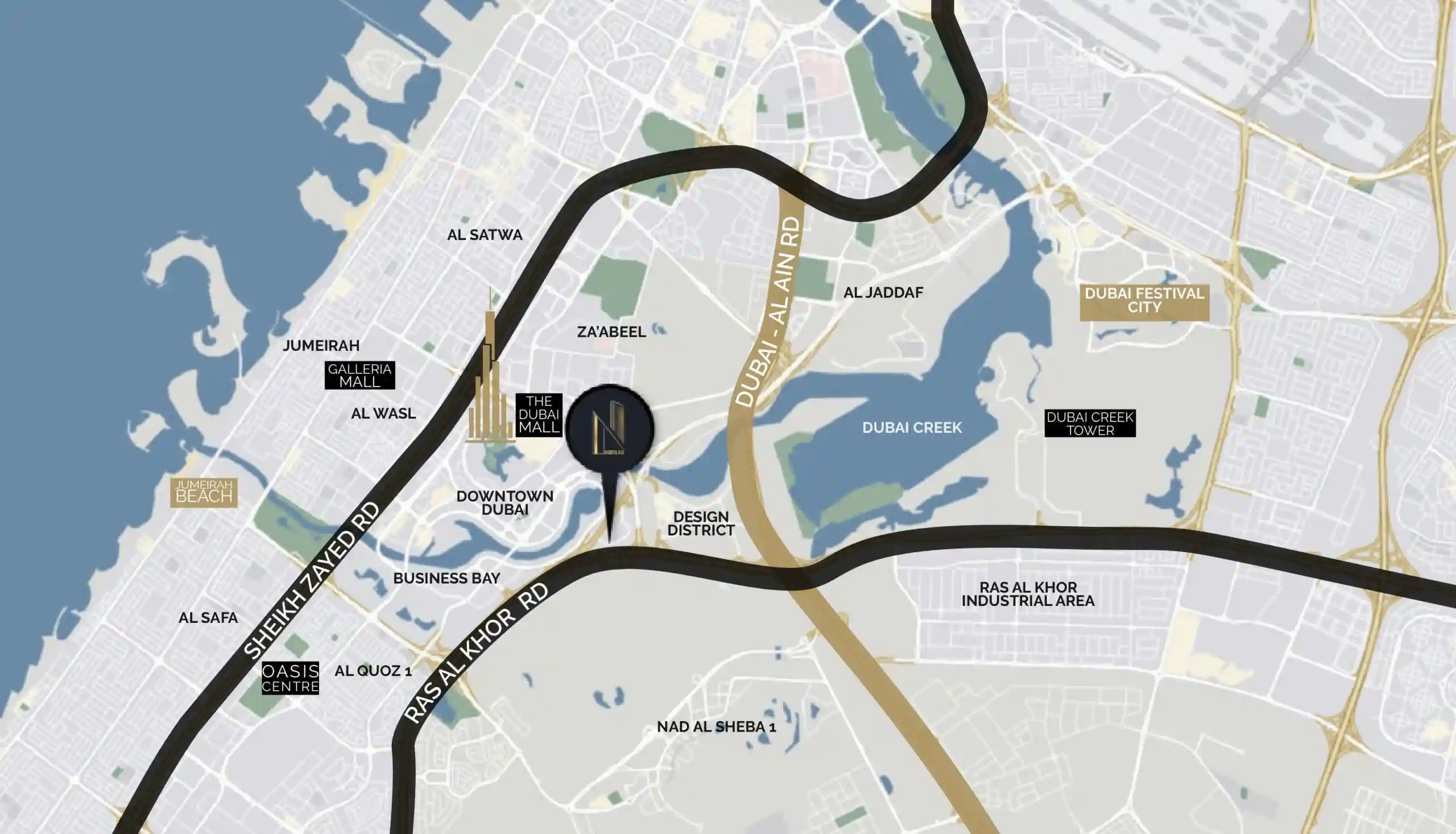 تصویر نقشه دبی و محل ساخت پروژه نوبلز از شرکت سازنده تایگر در بیزنس بی