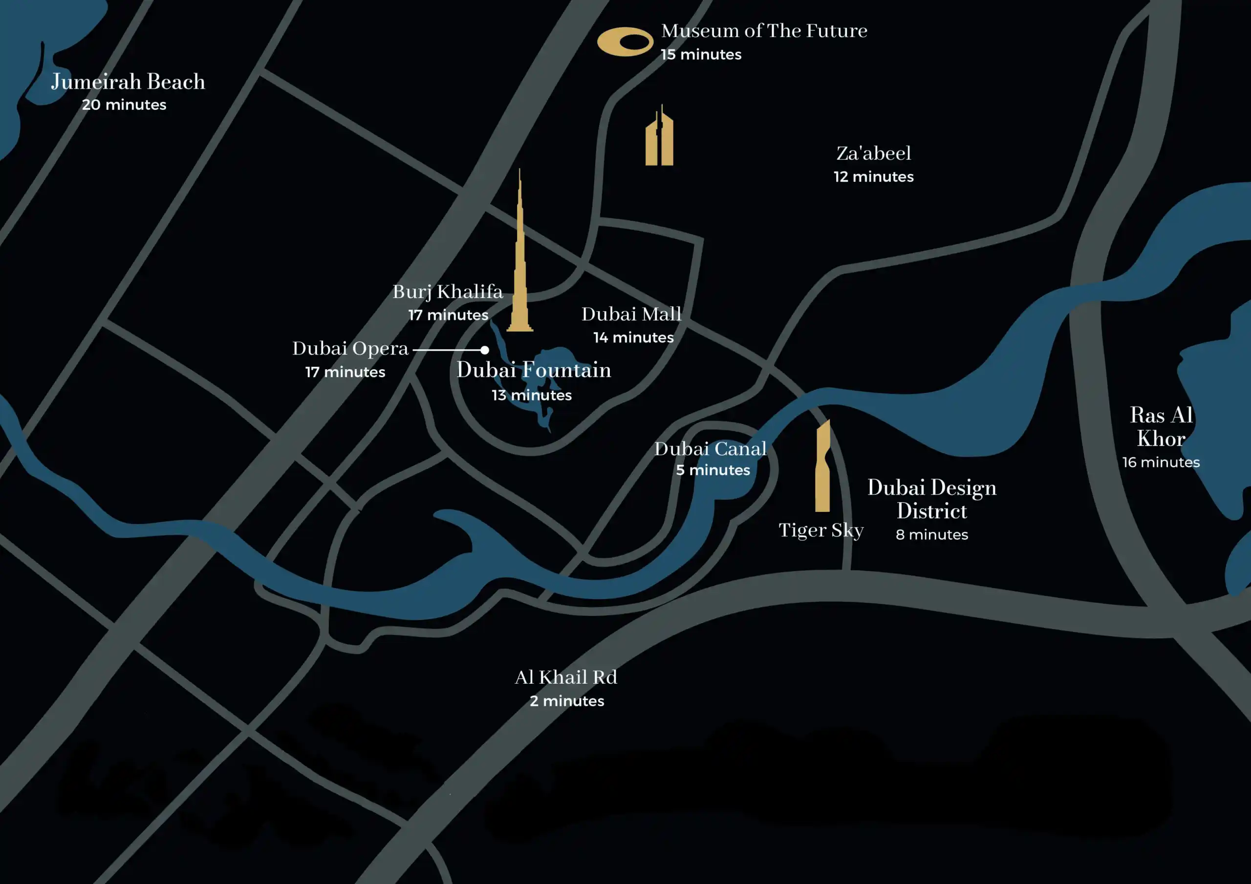 تصویر نقشه دبی و منطقه بیزنس بی و محل قرارگیری پروژه تایگر اسکای از سازنده تایگر